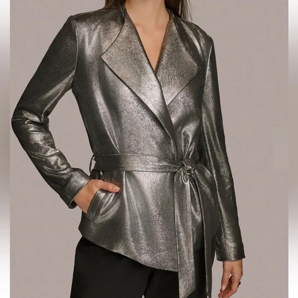 NWT Donna Karan Belted Metallic Silver Women's Flyaway Jacket - Picture 3 of 10